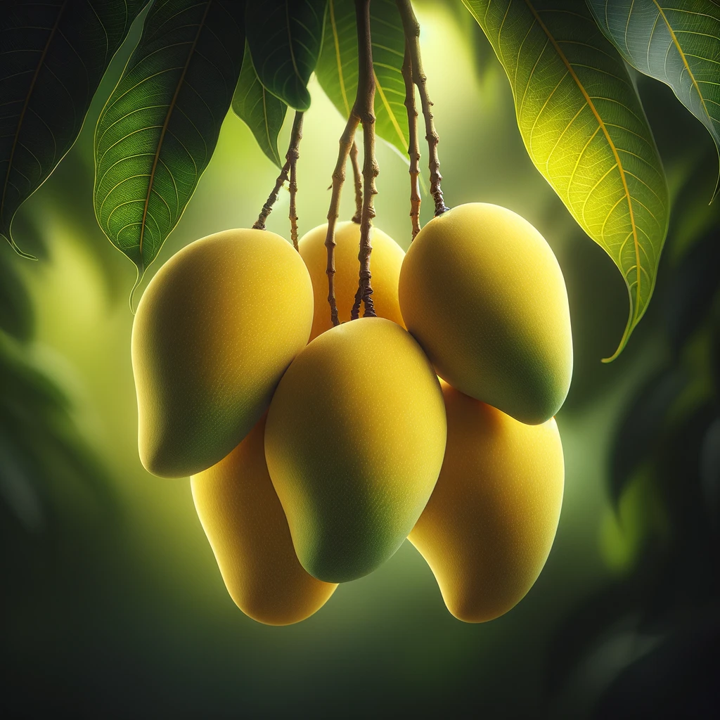 DALL·E 2024-03-23 12.22.40 – Craft a high-definition image that closely resembles the ‘Colombo kidney’ variety of mango, hanging in a bunch from a branch. The mangos should be viv